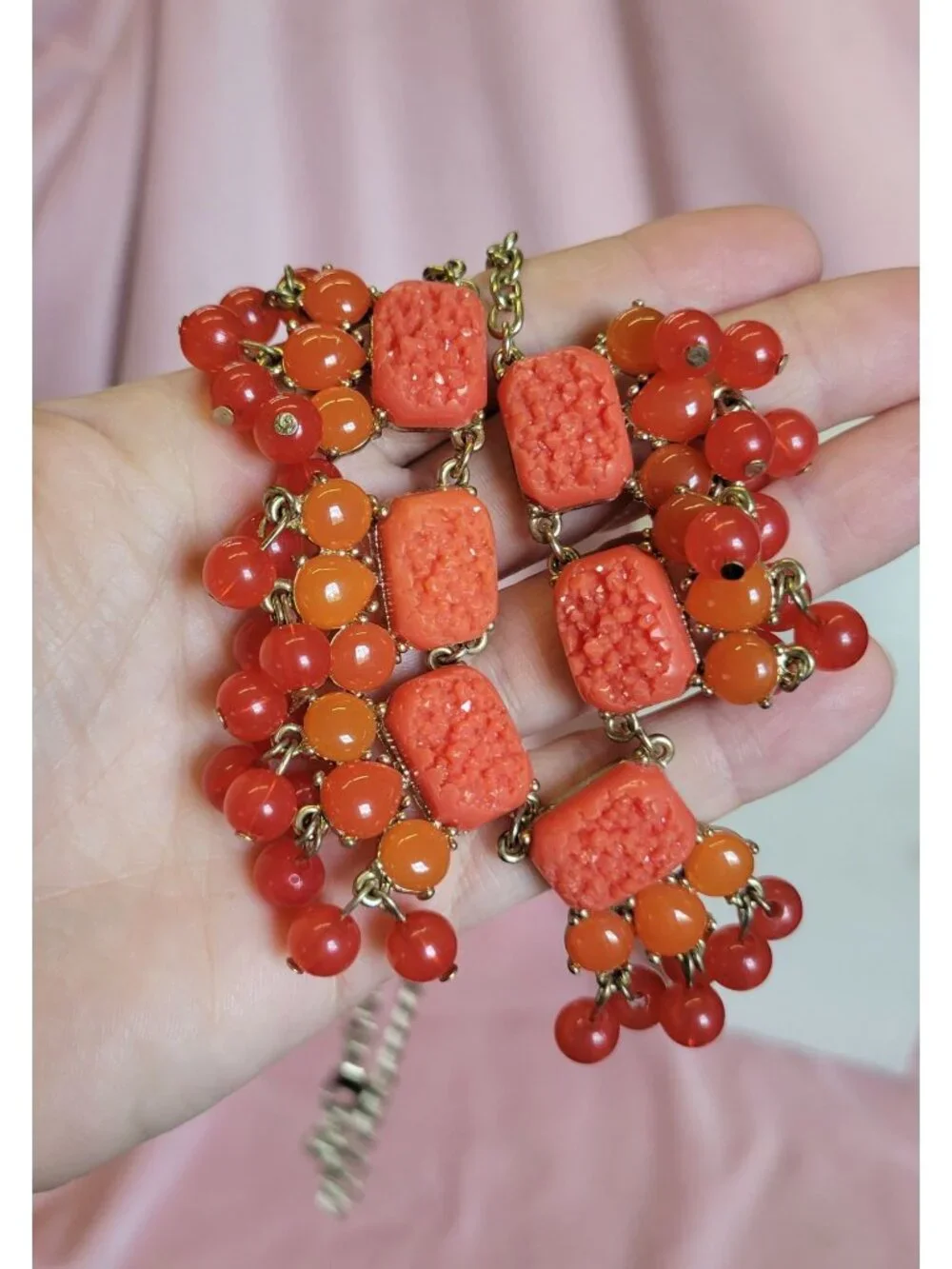 Bright Orange Gold Tone Chain Beaded Dangle Costume Necklace N1A